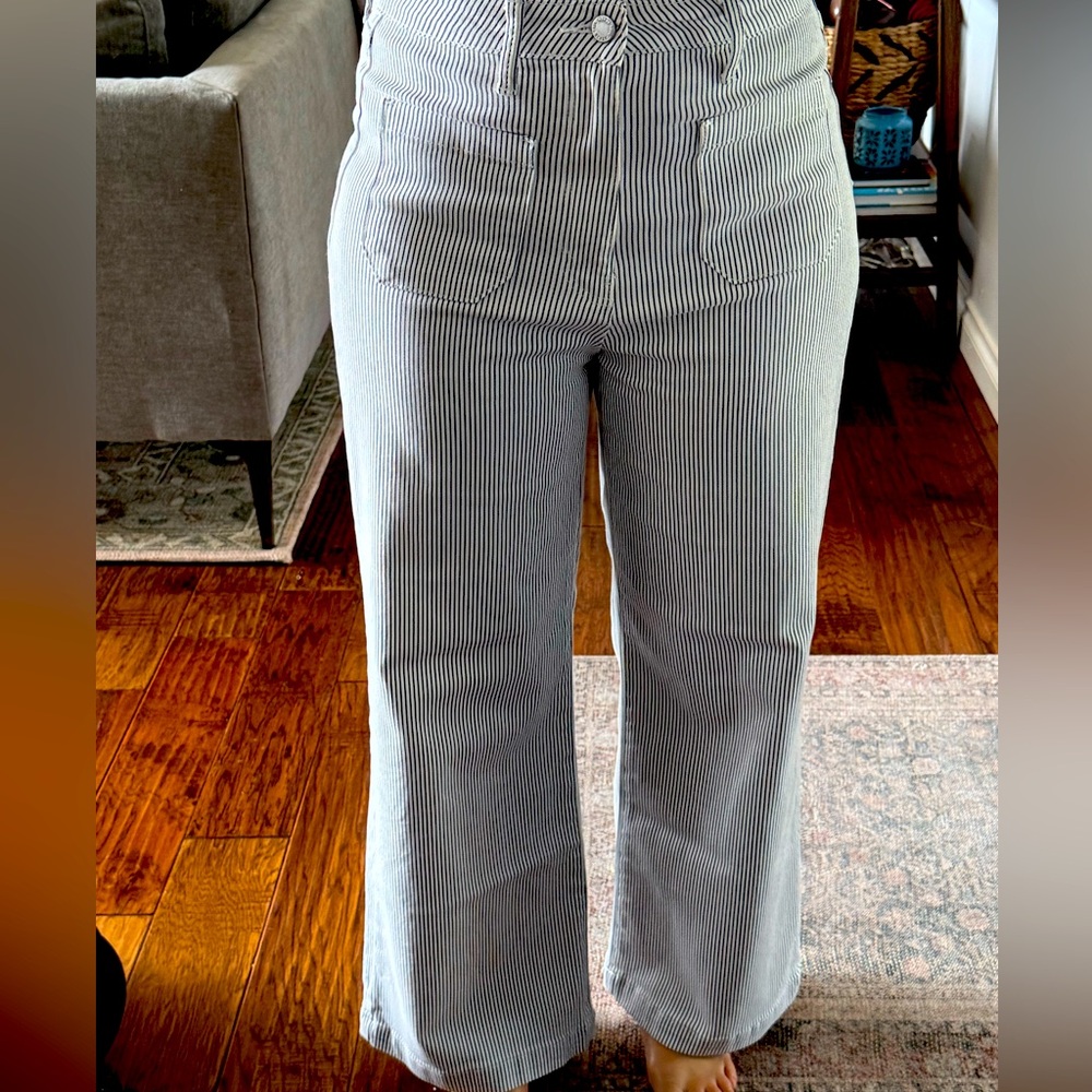 Wide leg pinstriped denim.